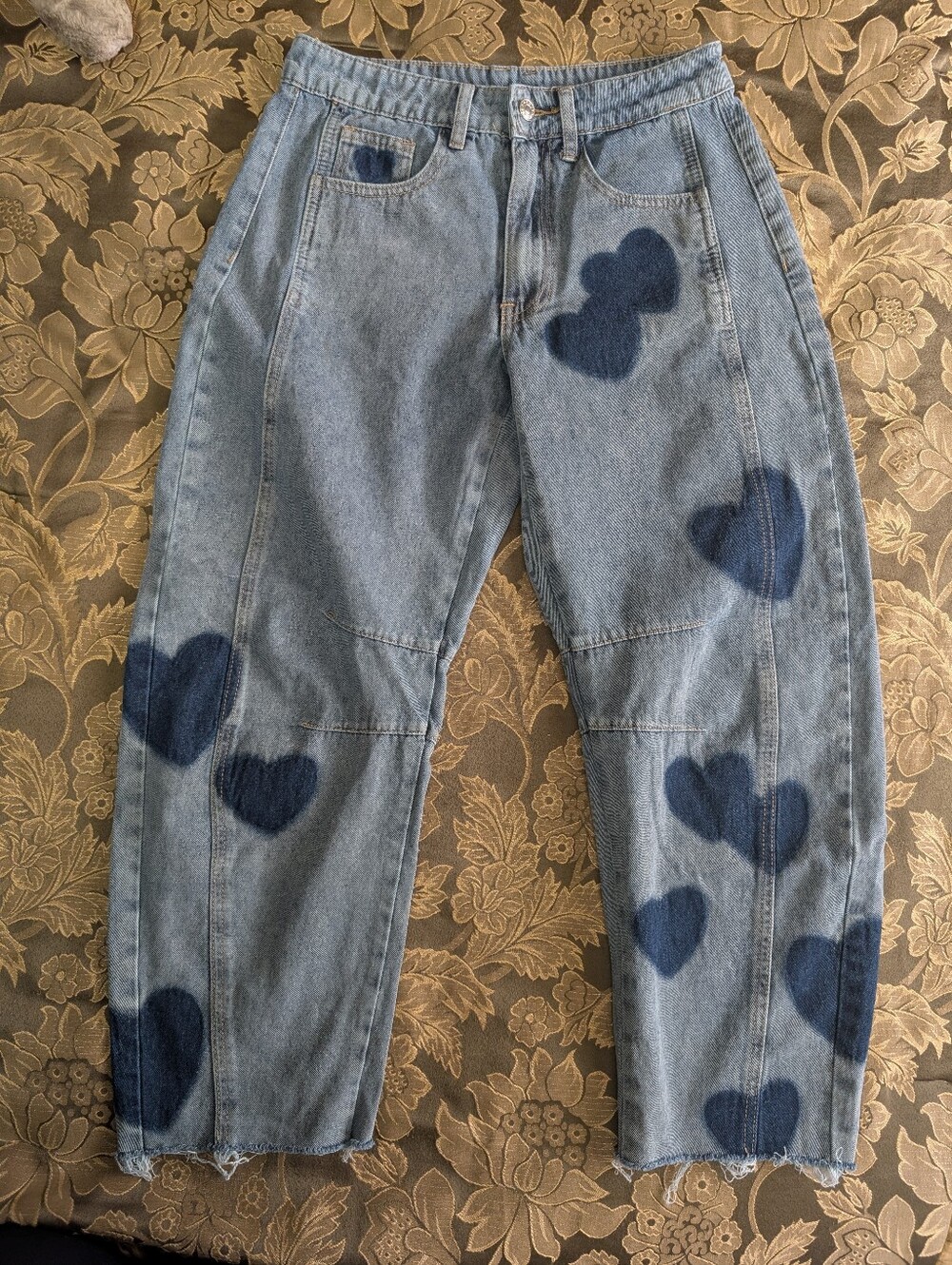 Blue Heart-Print Women's Wide Leg Jeans Size S